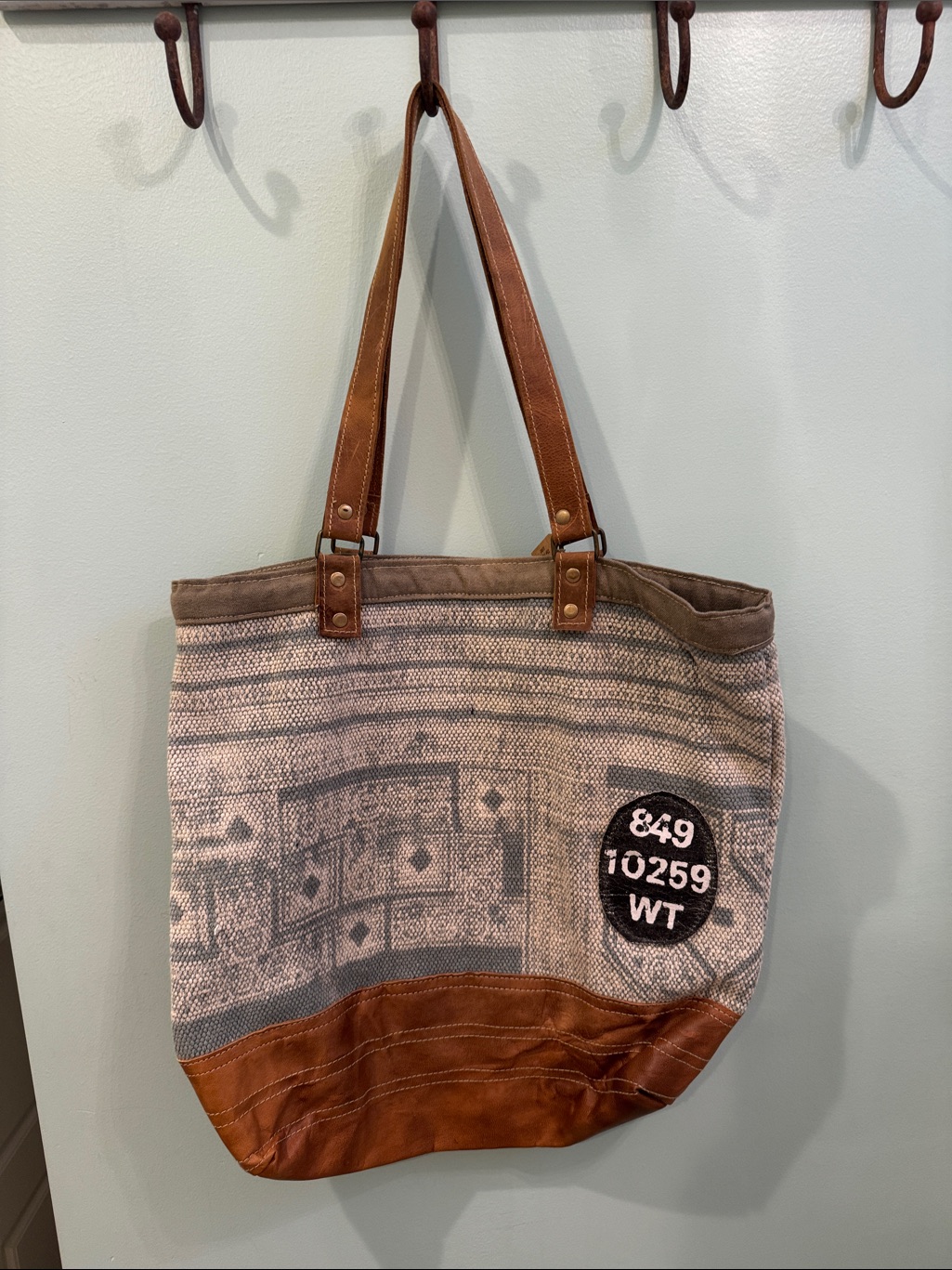 Canvas & Leather Patch Tote In Brown And Cream